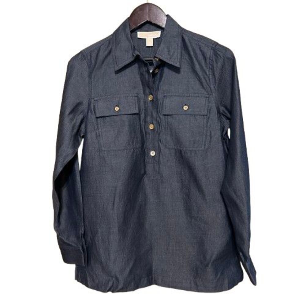 NWT Michael Kors Chambray Half Button Up Top Women Medium Blue Denim Long Sleeve